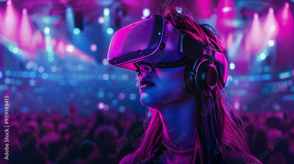 Virtual reality concert experience in a vibrant setting featuring a participant with a headset Virtual reality concert experience in a vibrant setting featuring a participant with a headset
