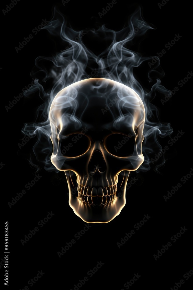 Scary evil skeleton skull with smoke on black background. Halloween and Day of the Dead concept. No Smoking campaign. Gothic style. Spooky concept for design greeting card, banner, poster Scary evil skeleton skull with smoke on black background. Halloween and Day of the Dead concept. No Smoking campaign. Gothic style. Spooky concept for design greeting card, banner, poster