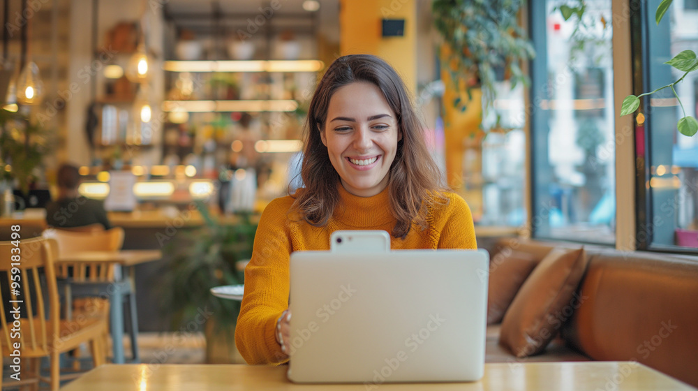 Smiling woman using laptop in a brightly lit cafe. Smiling woman using laptop in a brightly lit cafe.