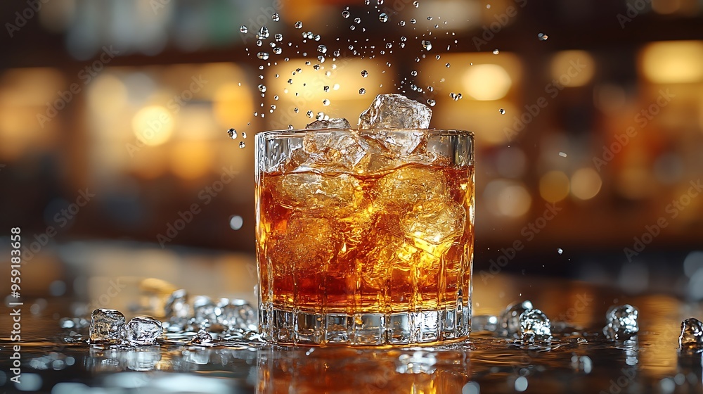 Close-up of a glass of whiskey with ice cubes splashing in a bar setting. Close-up of a glass of whiskey with ice cubes splashing in a bar setting.