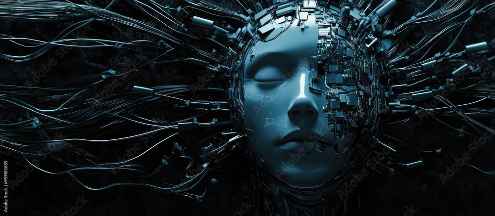 Futuristic android face intertwined with multiple digital wires and chargers representing digitalization chipization and artificial intelligence in a sleek black design Futuristic android face intertwined with multiple digital wires and chargers representing digitalization chipization and artificial intelligence in a sleek black design