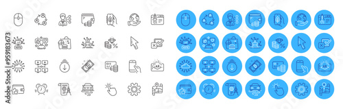 Puzzle options, Route and Scroll down line icons pack. Third party, Teamwork, Start business web icon. Time management, Augmented reality, Hold smartphone pictogram. Cloud network. Vector photo