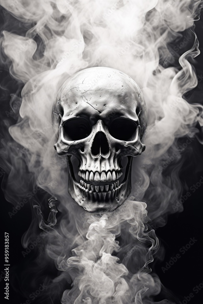 Scary evil skeleton skull with smoke on black background. Halloween and Day of the Dead concept. No Smoking campaign. Gothic style. Spooky concept for design greeting card, banner, poster Scary evil skeleton skull with smoke on black background. Halloween and Day of the Dead concept. No Smoking campaign. Gothic style. Spooky concept for design greeting card, banner, poster