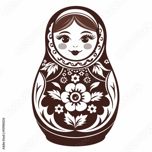 Traditional Matryoshka Doll Illustration with Floral Design for T-Shirt Print