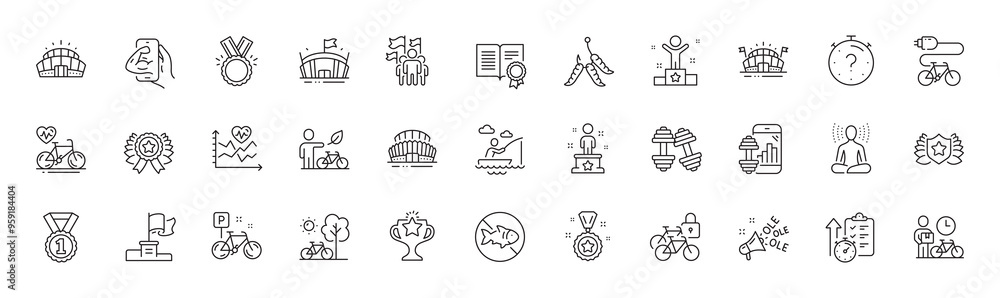 Leadership, Timer and Bicycle line icons. Pack of Cardio bike, Laureate, Electric bike icon. Ole chant, Winner ribbon, Best rank pictogram. Victory, Honor, Arena stadium. Maggots. Line icons. Vector Leadership, Timer and Bicycle line icons. Pack of Cardio bike, Laureate, Electric bike icon. Ole chant, Winner ribbon, Best rank pictogram. Victory, Honor, Arena stadium. Maggots. Line icons. Vector