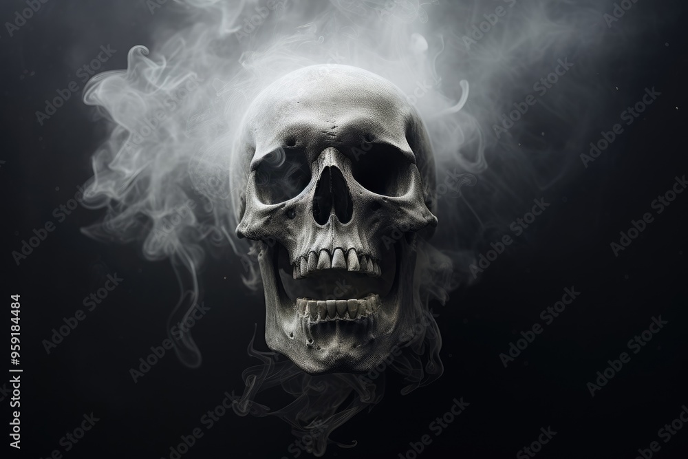 Scary evil skeleton skull with smoke on black background. Halloween and Day of the Dead concept. No Smoking campaign. Gothic style. Spooky concept for design greeting card, banner, poster Scary evil skeleton skull with smoke on black background. Halloween and Day of the Dead concept. No Smoking campaign. Gothic style. Spooky concept for design greeting card, banner, poster