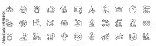 Leadership, Timer and Bicycle line icons. Pack of Cardio bike, Laureate, Electric bike icon. Ole chant, Winner ribbon, Best rank pictogram. Victory, Honor, Arena stadium. Maggots. Line icons. Vector