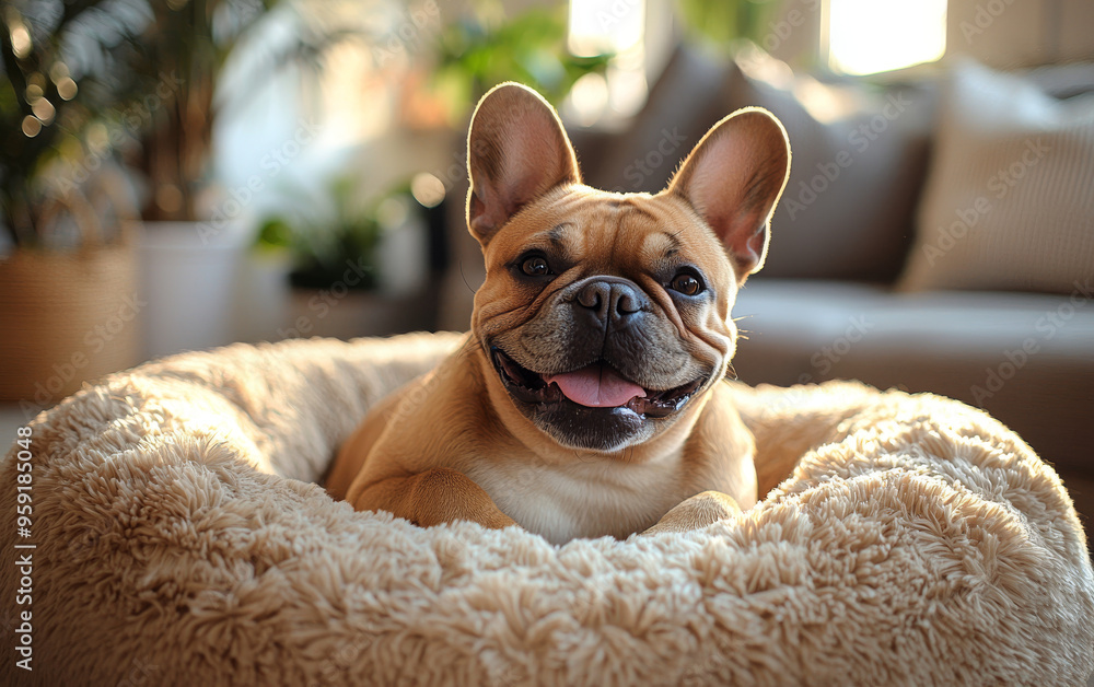 A happy French Bulldog relaxing in its cozy bed. A happy French Bulldog relaxing in its cozy bed.