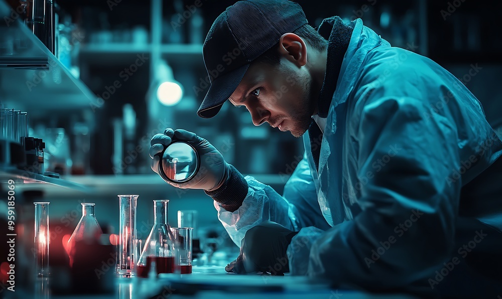 Man in Protective Gear Examining Liquid in a Beaker with a Magnifying Glass Man in Protective Gear Examining Liquid in a Beaker with a Magnifying Glass