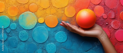 Vibrant hand holding an orange sphere against a colorful textured backdrop