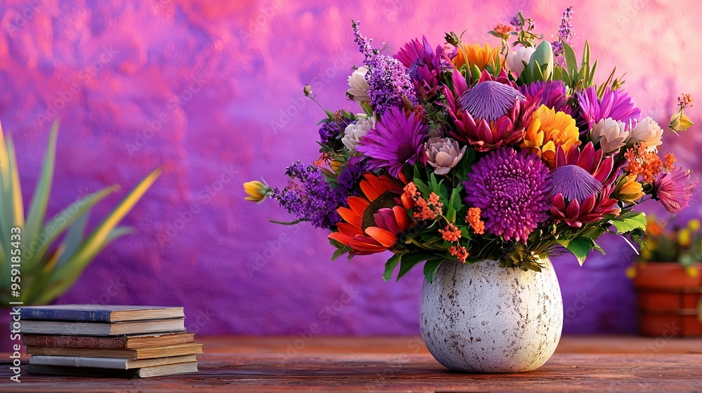   A vase brimming with vibrant blooms atop a table beside books and a potted plant