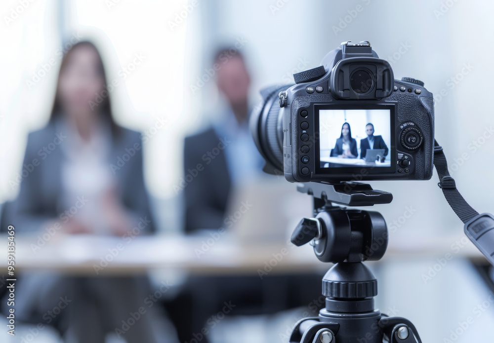 Close-up of a camera on a tripod, with two business people sitting in the background, A camera is placed on the tripod, with two business people standing in front of it for an interview video Close-up of a camera on a tripod, with two business people sitting in the background, A camera is placed on the tripod, with two business people standing in front of it for an interview video