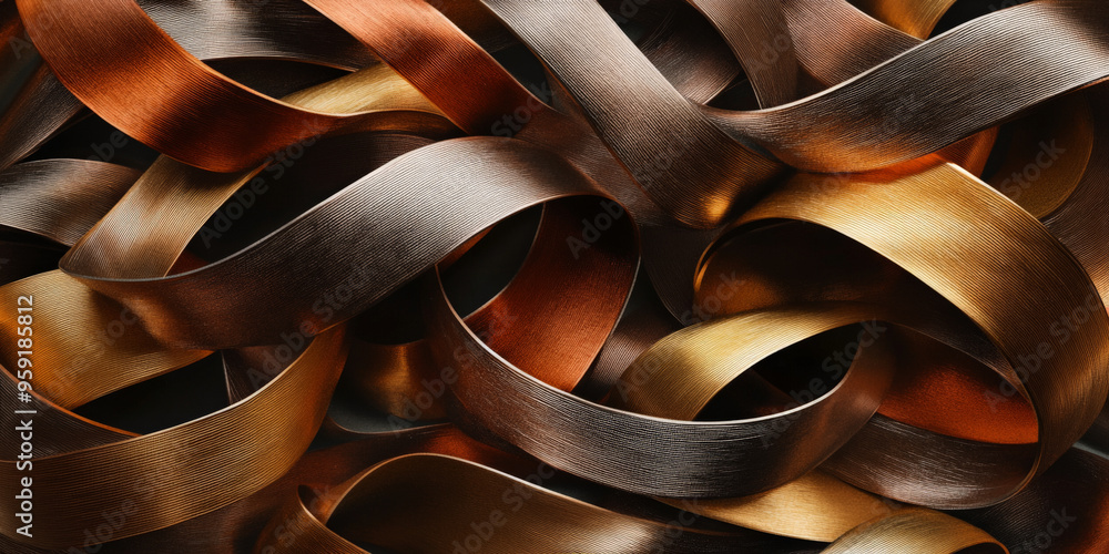 Metallic Ribbon Texture An elegant 3D scene featuring intertwined ribbons in hues of gold ...