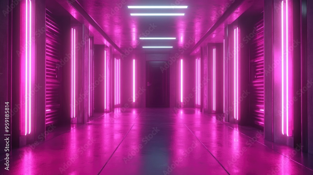 A series of pink neon doors are illuminated featuring glowing lines Conceptual background with a cyberpunk theme and holographic LED laser doors in 3D rendering A series of pink neon doors are illuminated featuring glowing lines Conceptual background with a cyberpunk theme and holographic LED laser doors in 3D rendering