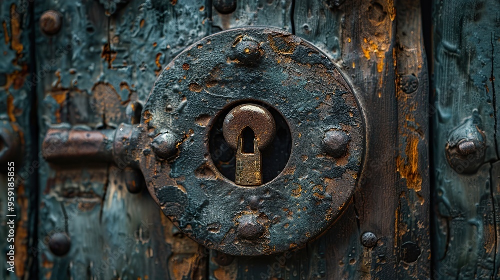 Closeup of an old, weathered, rusty keyhole on a wooden door. Closeup of an old, weathered, rusty keyhole on a wooden door.