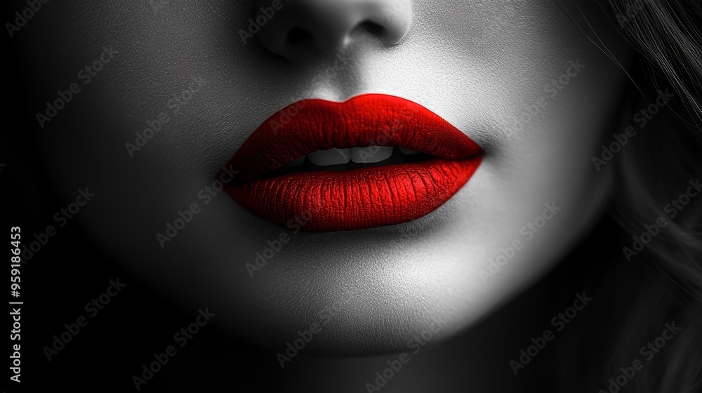 Close-up of woman's red lips in black and white portrait