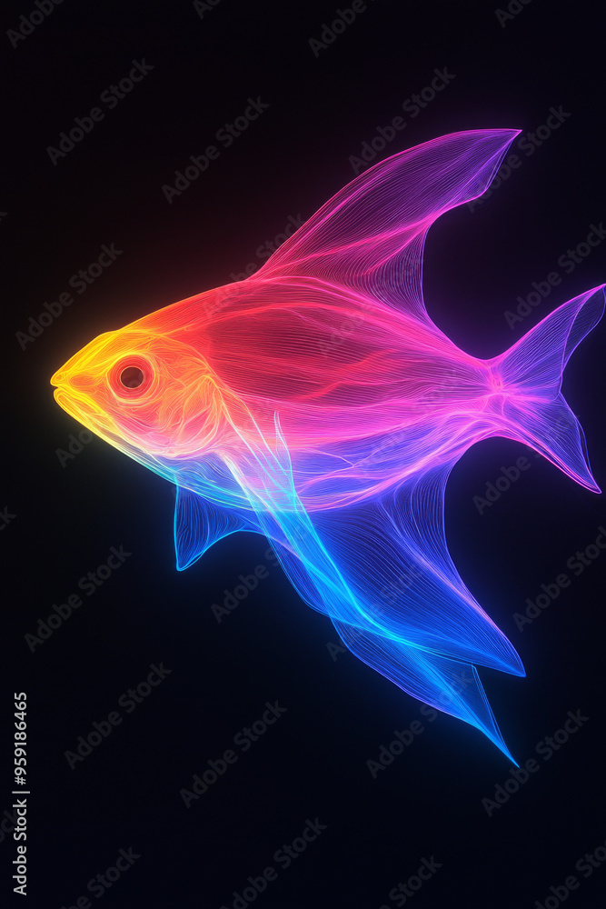A neon-colored fish swims against a black background, the colorful light creating a striking visual. A neon-colored fish swims against a black background, the colorful light creating a striking visual.