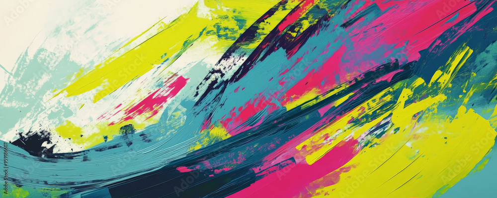 Fototapeta premium A dynamic abstract design with bold, oversized brushstrokes in vibrant colors like magenta, cyan, and lime green. The design is expressive and chaotic, with a strong visual impact.