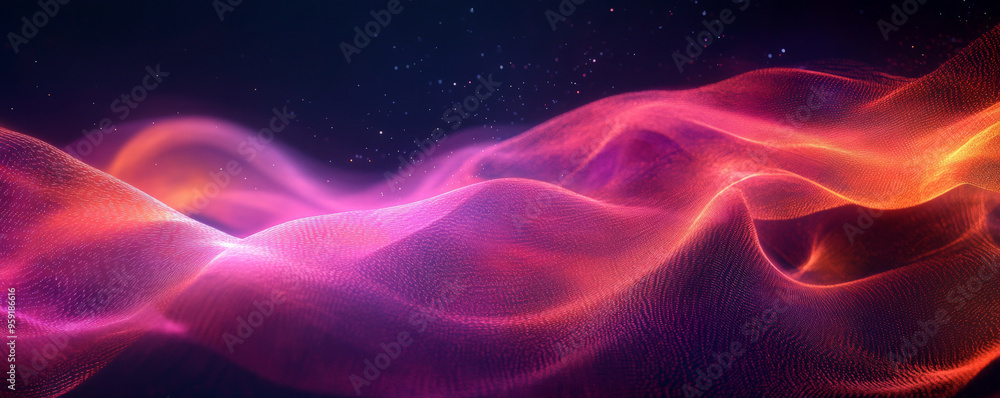Fototapeta premium An abstract futuristic scene with swirling, neon-colored waves in pink and orange against a dark backdrop. The waves have a glowing effect, adding a dynamic and energetic feel.