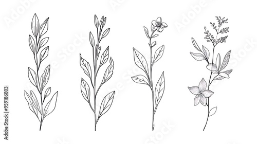 Simple botanical elements, line illustration on white. 32k, full ultra HD, high resolution