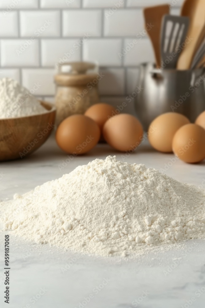 Baking essentials: flour, eggs, and kitchen tools on a marble countertop Baking essentials: flour, eggs, and kitchen tools on a marble countertop