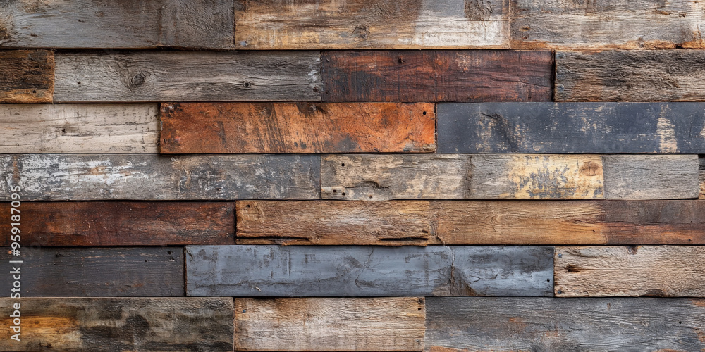 Naklejka premium Reclaimed wooden backdrop featuring a mix of unevenly cut, weathered planks in various shades of brown and gray. The wood shows signs of age with rough textures, cracks, and faded paint remnants,