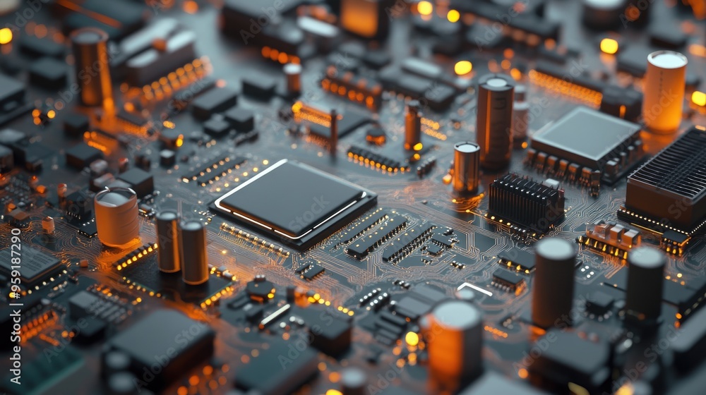 Circuit board featuring various electronic components Circuit board featuring various electronic components