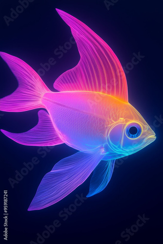 A neon-colored fish with a blue eye and pink, purple, and yellow fins against a dark background.