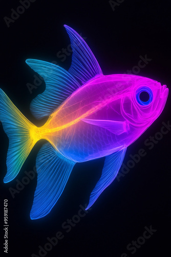 A neon-colored fish swims against a dark background, its body a vibrant mix of blue, pink, and yellow.