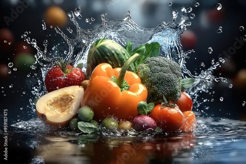 Healthy diet essentials: achieving strong immunity, proper health through proper nutrition, focusing on role of fruits, vegetables, and hydration in supporting bodily functions and preventing disease. photo