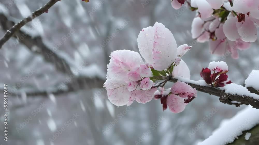 Single cherry blossom tree in full bloom in winter. Trees covered with snow. Snowy branches. Winter landscape. Slow zoom out, cinematic. Single cherry blossom tree in full bloom in winter. Trees covered with snow. Snowy branches. Winter landscape. Slow zoom out, cinematic.