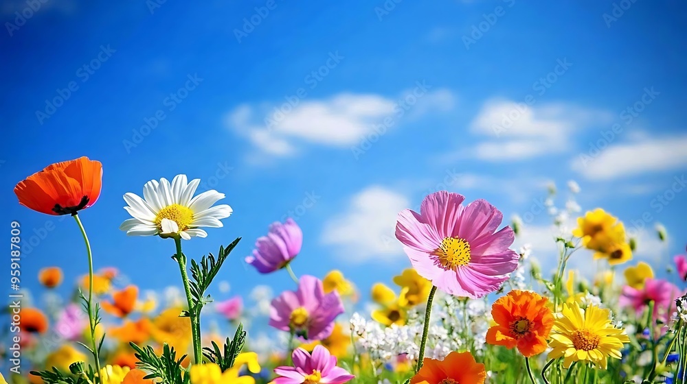 A vibrant flower field with a mix of blooming daisies, poppies, and sunflowers under a bright blue sky A vibrant flower field with a mix of blooming daisies, poppies, and sunflowers under a bright blue sky