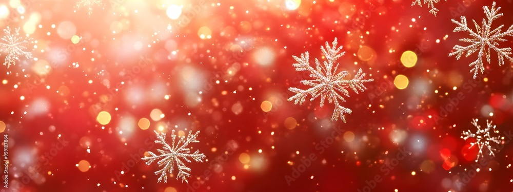 Red background with golden snowflakes, a shiny and festive atmosphere, a large area of red space at the top for text, bright lights, blurred edges, decorative elements, warm tones Red background with golden snowflakes, a shiny and festive atmosphere, a large area of red space at the top for text, bright lights, blurred edges, decorative elements, warm tones