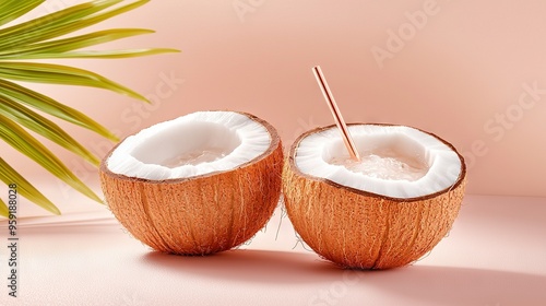  A couple of coconuts rest on a table beside a lush green plant on a pink backdrop