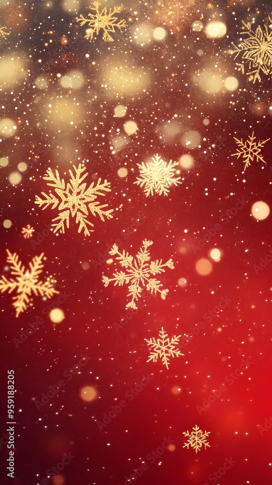 Red background with golden snowflakes, a shiny and festive atmosphere, a large area of red space at the top for text, bright lights, blurred edges, decorative elements, warm tones Red background with golden snowflakes, a shiny and festive atmosphere, a large area of red space at the top for text, bright lights, blurred edges, decorative elements, warm tones
