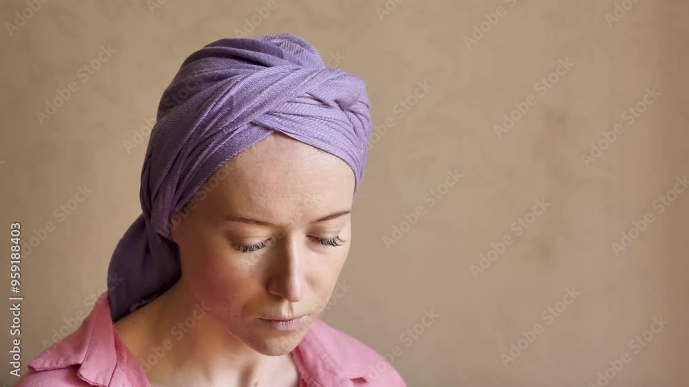 video portrait of young woman with cancer, breast cancer survivor, caucasian white with a pink purple handkerchief symbol of the fight against cancer. Treatment with tablets, drink water video portrait of young woman with cancer, breast cancer survivor, caucasian white with a pink purple handkerchief symbol of the fight against cancer. Treatment with tablets, drink water