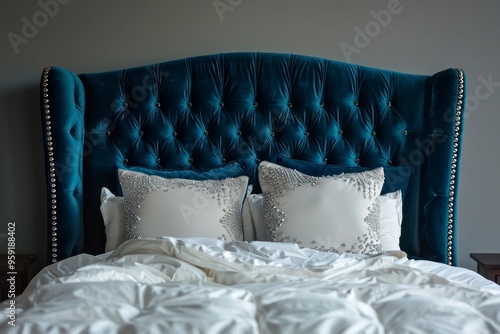 Teal Velvet Tufted Headboard with Nail Trim - AI Generated photo