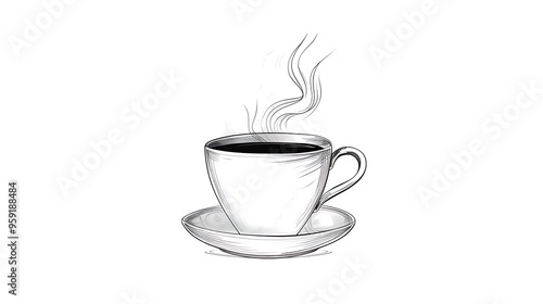 Simple line art of a coffee cup with steam, isolated on solid white background. 32k, full ultra HD, high resolution