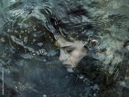 A young boy submerged in water with his eyes closed, looking melancholic and lost