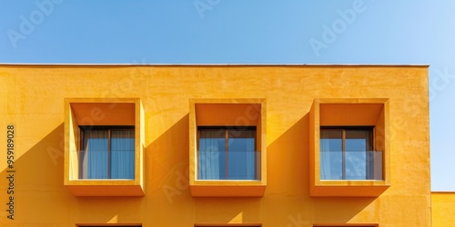 Geometric Windows on Ochre Mediterranean Style Facade with Clear Sky Background A blend of traditional architectural elements and sleek design in a Mediterranean environment