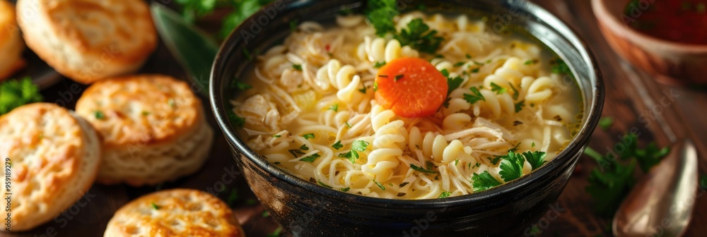 Chicken noodle soup accompanied by cheese biscuits on a dining table Chicken noodle soup accompanied by cheese biscuits on a dining table