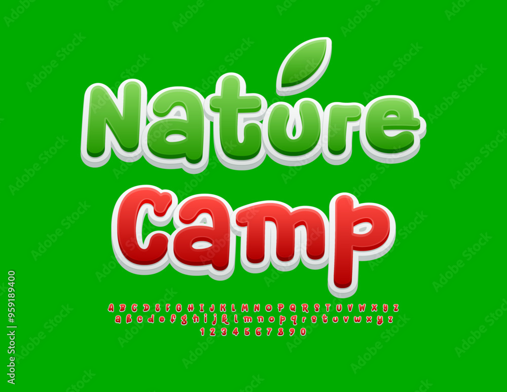 Vector touristic flyer Nature Camp. Funny bright Font. Artistic Alphabet Letters and Numbers set Vector touristic flyer Nature Camp. Funny bright Font. Artistic Alphabet Letters and Numbers set