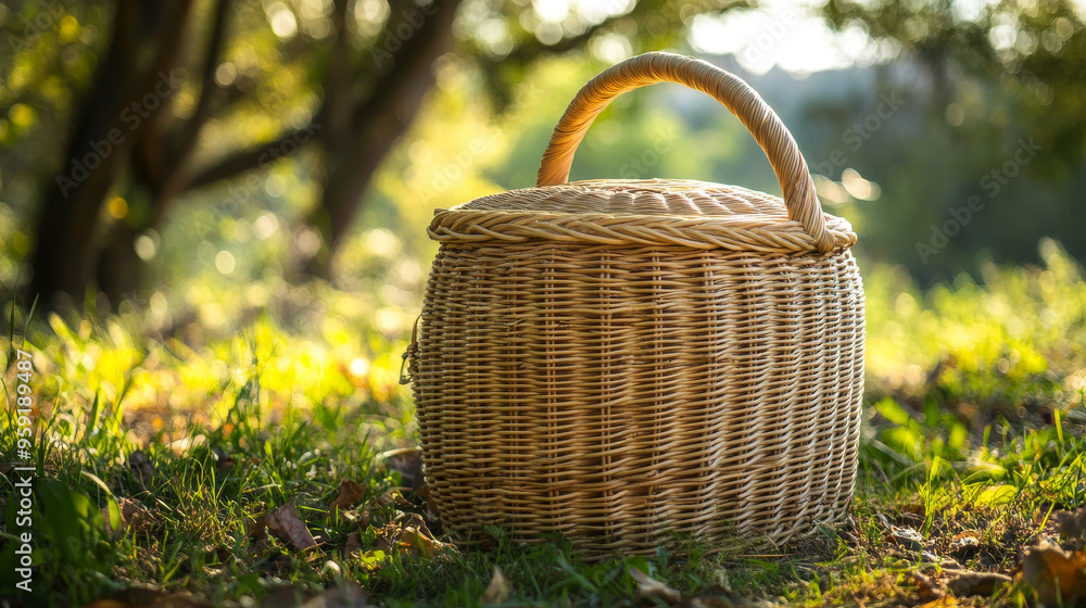 This empty basket is perfect for carrying food and drinks to a picnic. It's made of woven wicker and has a lid that closes tightly. This empty basket is perfect for carrying food and drinks to a picnic. It's made of woven wicker and has a lid that closes tightly.