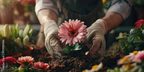 Close up of unidentified successful man s hands florist planting flowers in flower shop with soil wearing an apron photo