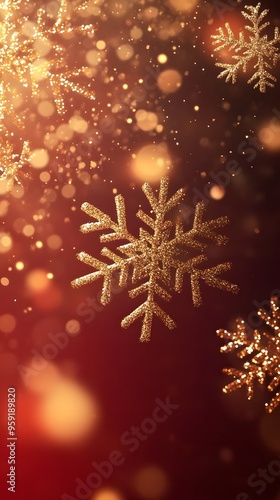 Red background with golden snowflakes, a shiny and festive atmosphere, a large area of red space at the top for text, bright lights, blurred edges, decorative elements, warm tones