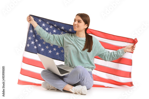 Young woman with USA flag a...