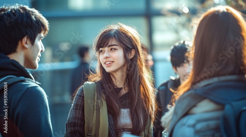 A young Japanese woman with long hair, wearing casual and smiling as she greets friends on the university campus