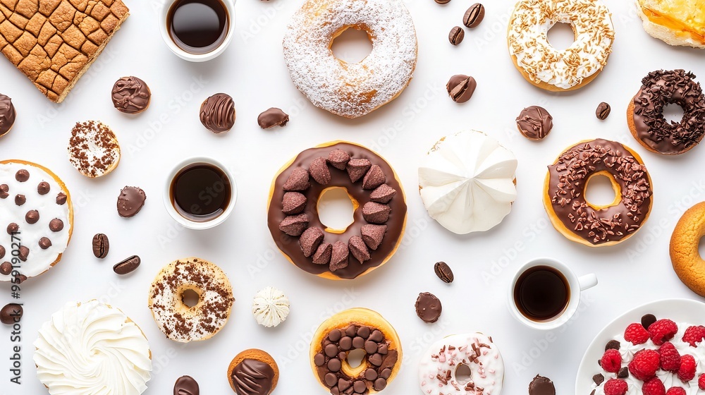 Table with various cookies, donuts, cupcakes and coffee cups on white background. Delicious dessert table. Top view and beautiful design
Table with various cookies, donuts, cupcakes and coffee cups on white background. Delicious dessert table. Top view and beautiful design