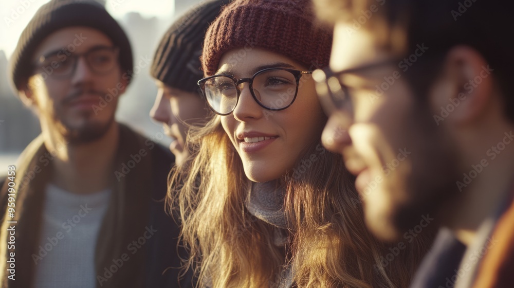 A young woman wearing glasses and a beanie is talking to a group of friends outdoors A young woman wearing glasses and a beanie is talking to a group of friends outdoors