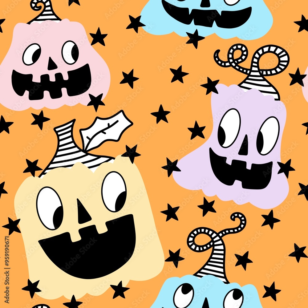 Halloween cute pumpkins seamless monsters pattern for wrapping paper and fabric Halloween cute pumpkins seamless monsters pattern for wrapping paper and fabric
